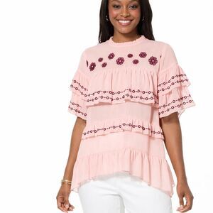 Blush Pink/Maroon Tiered Ruffle Top Floral Flowy Embroidery  Size M